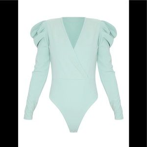 PrettyLittleThing Sage Green Crepe Puff Sleeve Deep Plunge Bodysuit